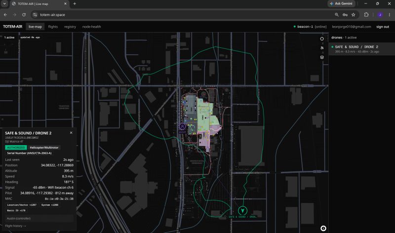 Totem-Air live map showing an authorized production drone track around a venue